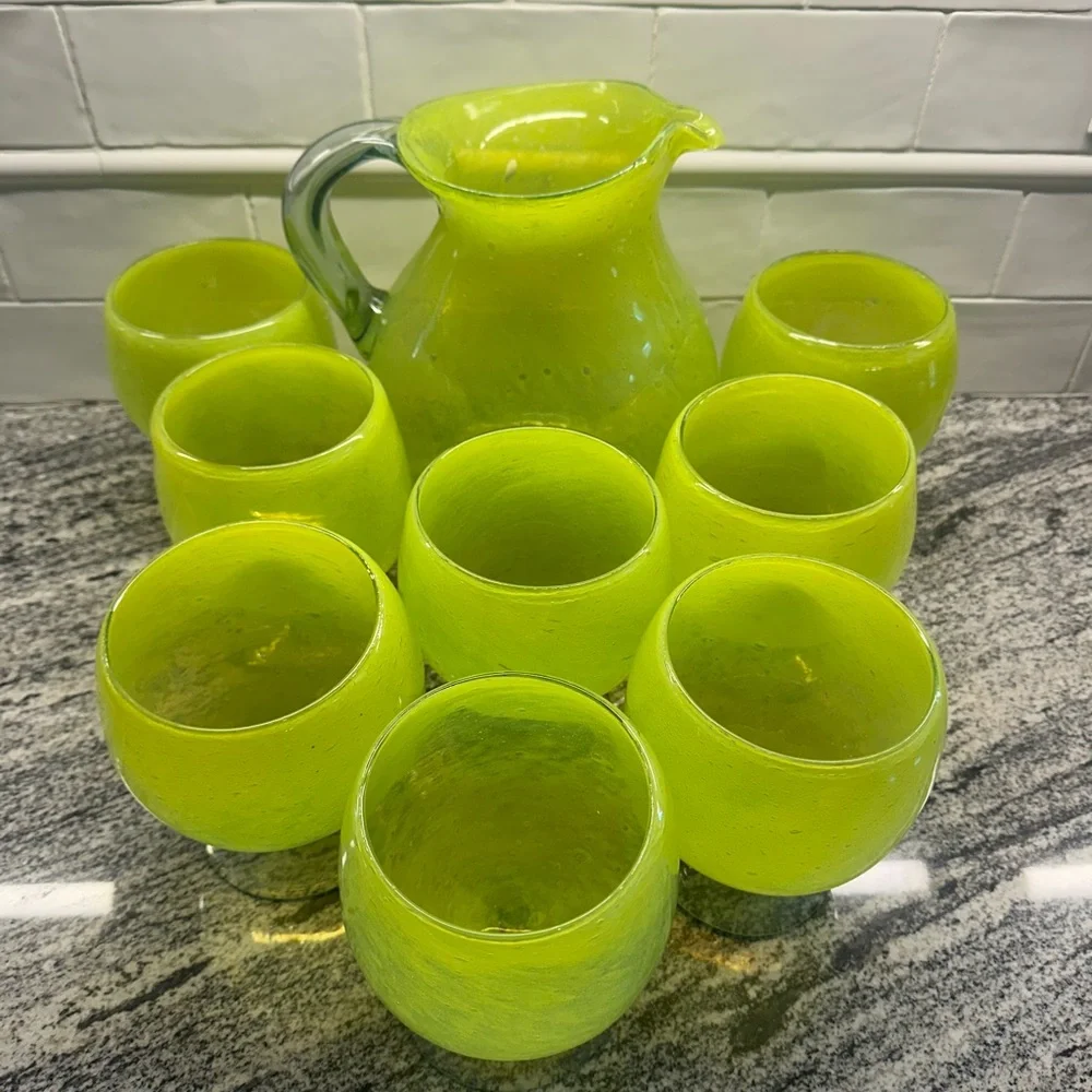 8 Crate & Barrel Calypso Mexican Margarita Glasses & Pitcher Green Handmade